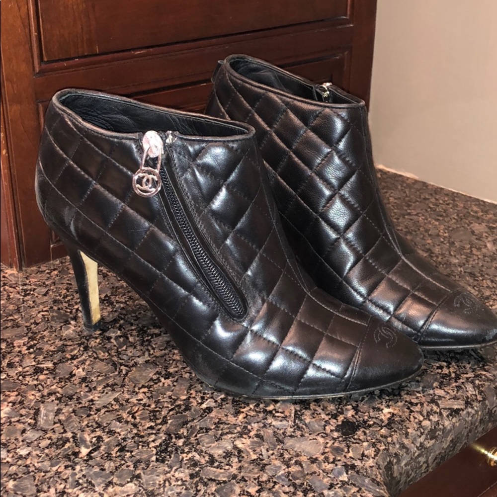 CHANEL Leather Quilted Ankle Cap Toe Boots